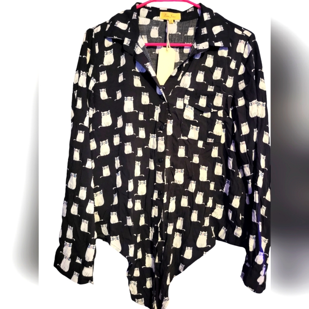 Love Notes All Over Cat Print Top Tie Bottom Women's Size Medium